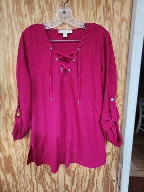Michael Kors Women’s Lace-Up Neck Long Sleeve Top - Fuchsia